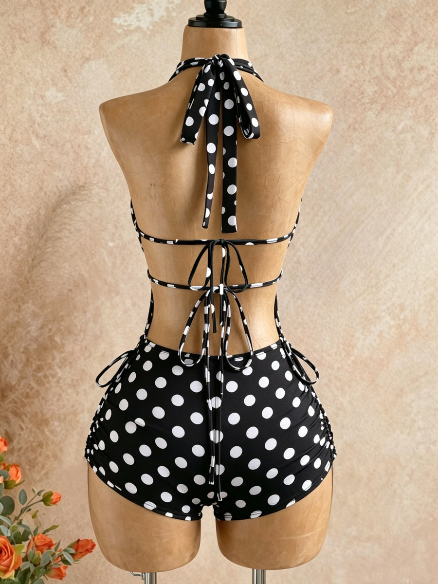 Bad Style Black And White Classic Polka Dot Halter Jumpsuit, Beach Vacation Style Hollow Out Drawstring - Mixed colors