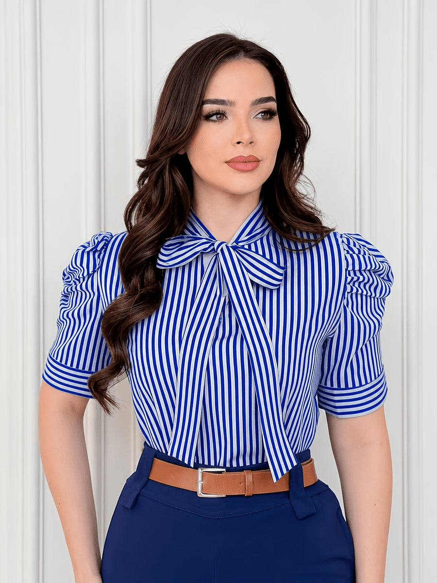 Short Sleeve Striped Shirt with Bubble Sleeves and Bow Tie - Blue