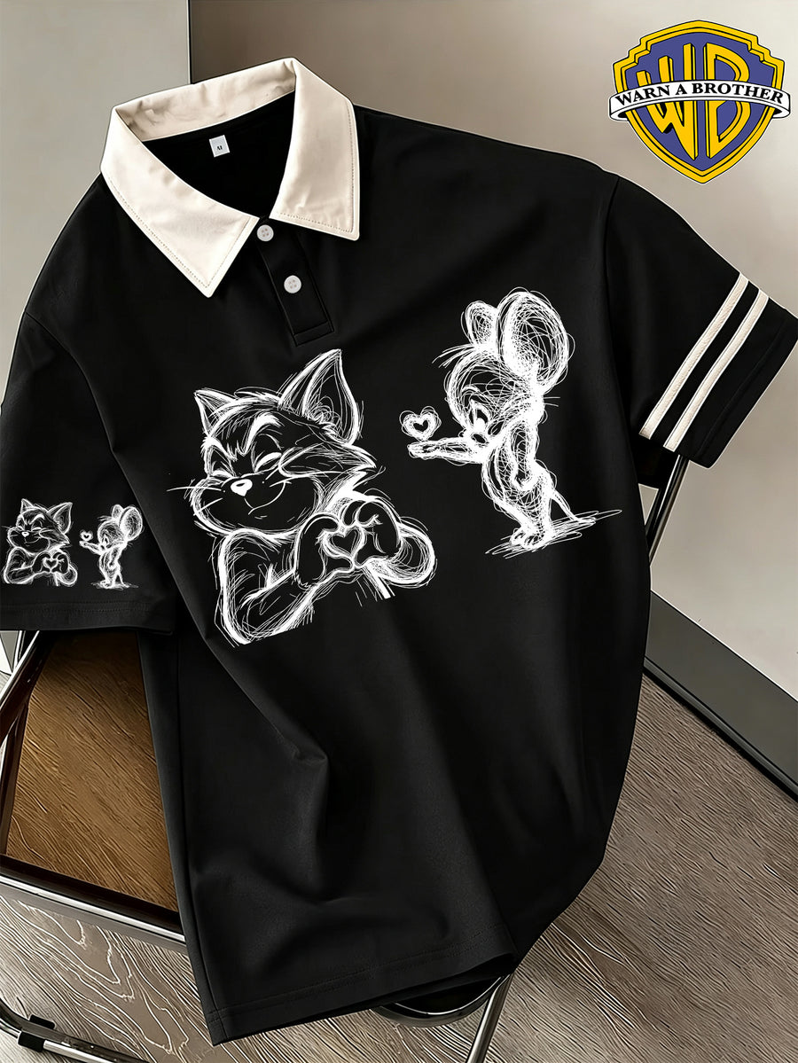 Warner Bros. Exclusive License, American Retro Color-Block Classic Character Print Polo Shirt, Men'S Casual Comfortable, Multi-Functional Loose Summer Polo Shirt, Summer Loose Lapel Japanese Style Polo Short Sleeve T-Shirt - Black