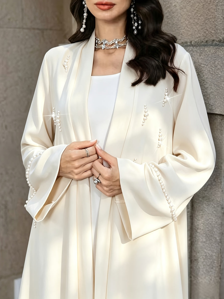 1pc Women Open Front Abaya Cardigan, Elegant Pearl Rhinestone Embellished Long Sleeve Maxi Outerwear, Modest Islamic Dubai Style Abaya Coat for Party Evening - Apricot