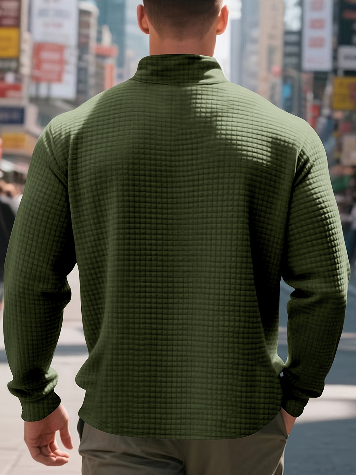 Men'S Four-Season Minimalist Casual Loose Jacquard Stand Collar Half-Zip Base Sweatshirt - Military Green