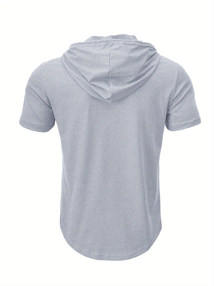 A Single Piece Men'S Casual Hooded Henley Shirt, Lightweight Sports T-Shirt for Summer That Wicks Moisture And Is Breathable, Featuring a Solid Color, Short Sleeves, Button Details at The Neckline, Adjustable Drawstrings for The Hood, Regular Fit - Light Grey