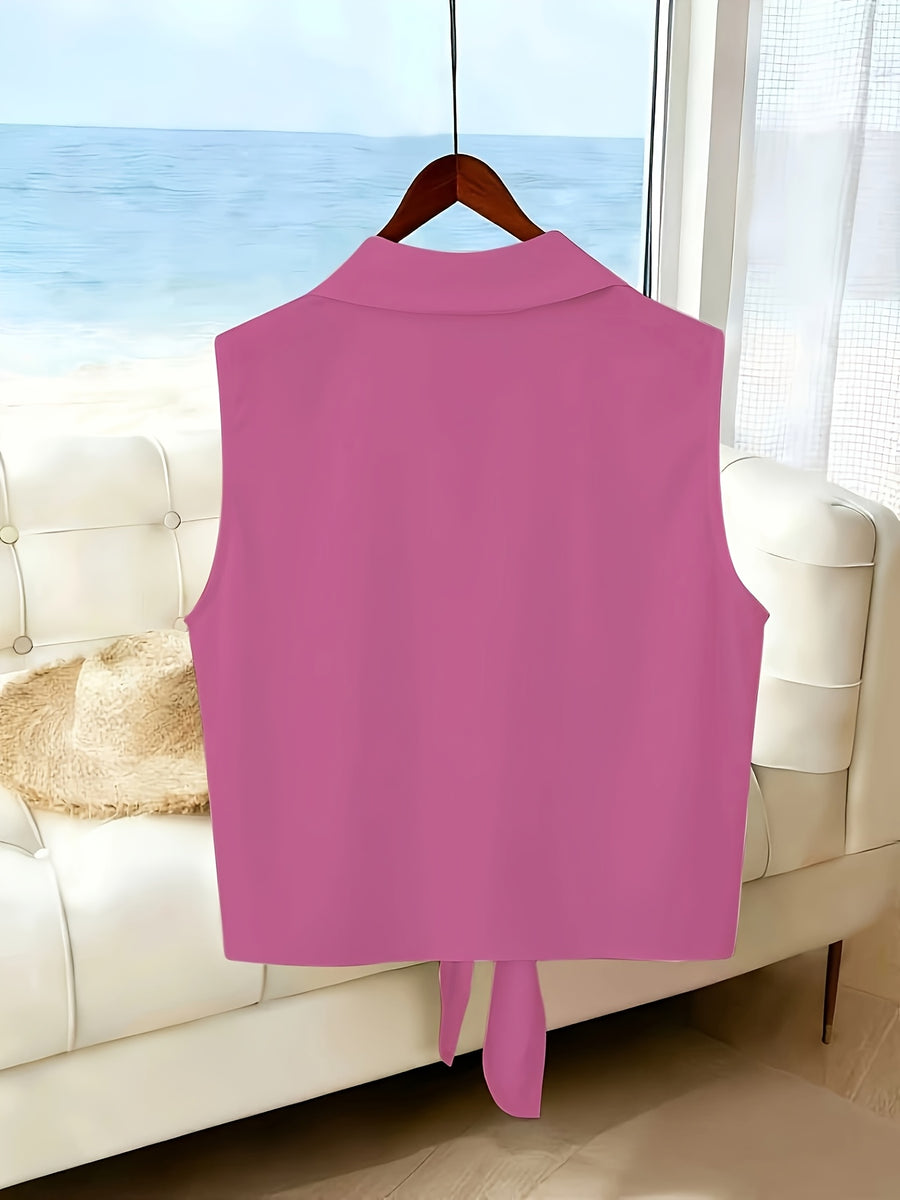 Women's New Spring/Summer Elegant French-Style Minimalist Lapel Sleeveless Shirt, Single-Breasted with Hem Tie Design, Lightweight, Breathable, and Slim-Fitting, a Summer Top Suitable for Women in Spring and Summer, Casual Style Women's Top - Rose Red