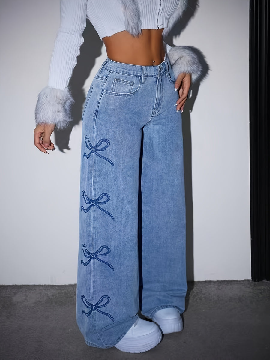 2025 New Style Wide-Leg Jeans with Bow Embroidery, Elastic Waistband Women'S Wide-Leg Denim Pants - Medium Blue