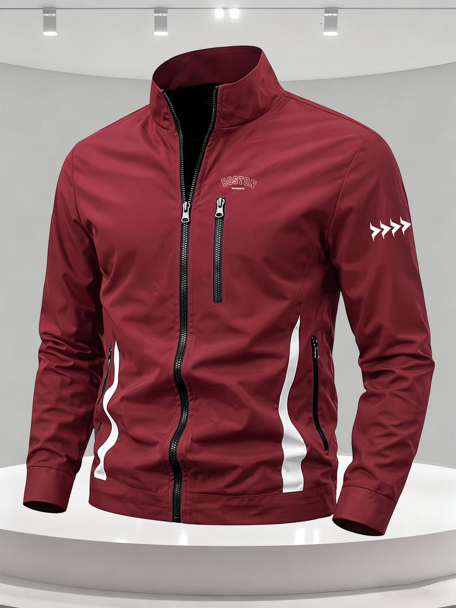 Men'S Spring Autumn Stand-Collar Casual Jacket, Zipper-Style Lightweight Coat, Side Contrast Stand-Collar Sporty Commuter Top - Burgundy