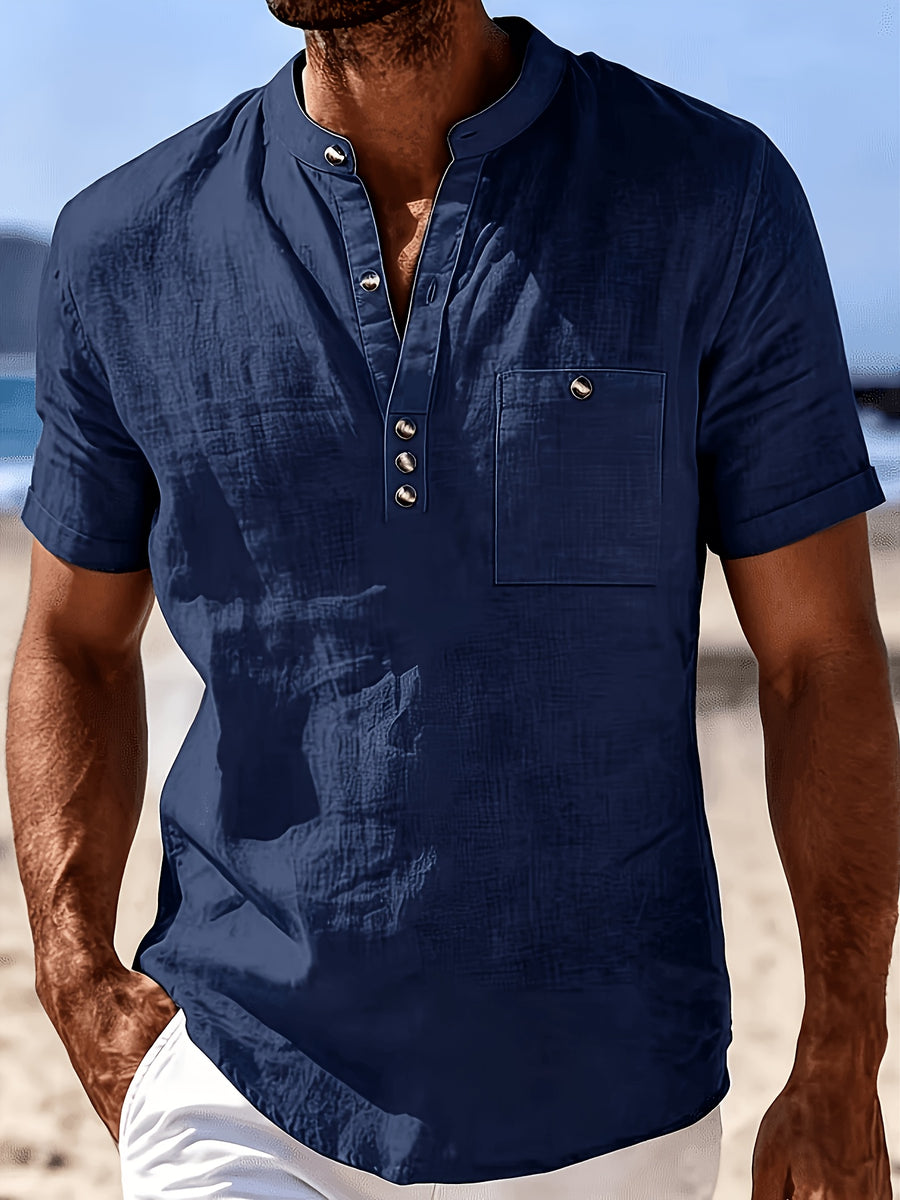 Men's Fashionable Polo Collar Breathable and Comfortable Casual Short-Sleeve Shirt - Navy Color