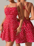 Women's Elegant Heart Print Sexy Spaghetti Strap Back Tie 2026 Summer New Arrival Valentine's Day Party Cocktail Beach Street Fashion Casual Loungewear - Red