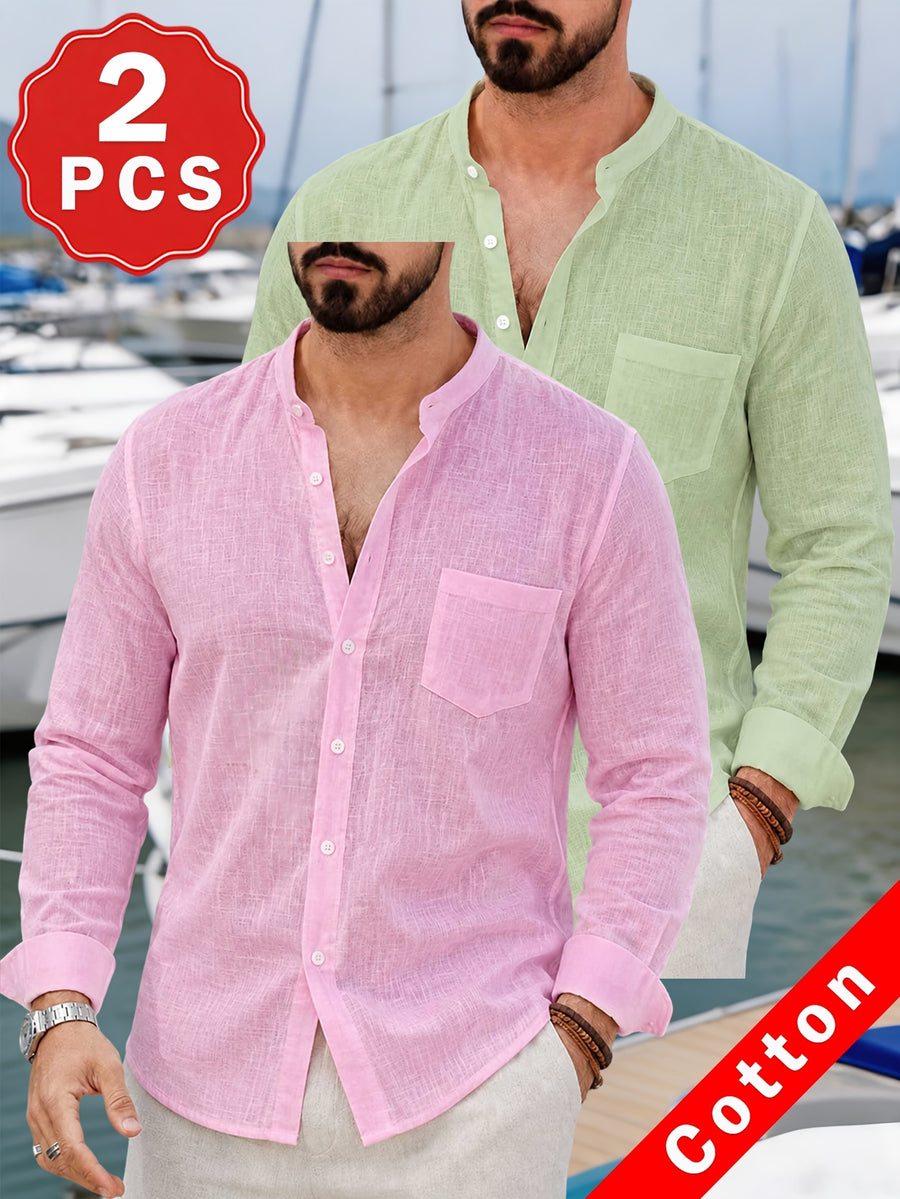Pc of 2 Mens Plain Long Sleeve Button Shirts with Mandarin Collar & Distinct Chest Pocket, Lightweight Airy Sweat-Wicking Casual Tops, Versatile for Office Work, Holidays, Daily Outings & Home Regular Fit Spring Summer Office Work Holiday - Light Pink+Light Green
