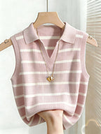 Women'S Casual Striped V-Neck Vest - Pink White