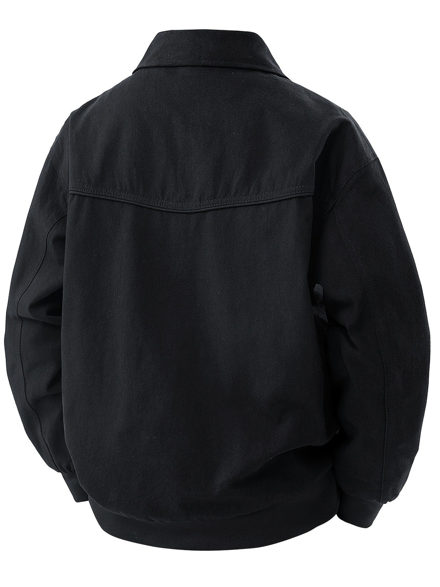 Jingmeleng Selection Men's New Outdoor Workwear Vintage Lapel Jacket - Contrast-Color Corduroy Collar - Solid Color Fabric with Drawstring - Metal Vintage YKK Zipper - Hem and Cuff Ribbed Design - Loose Fit Fashionable Trendy Casual Outerwear - Black