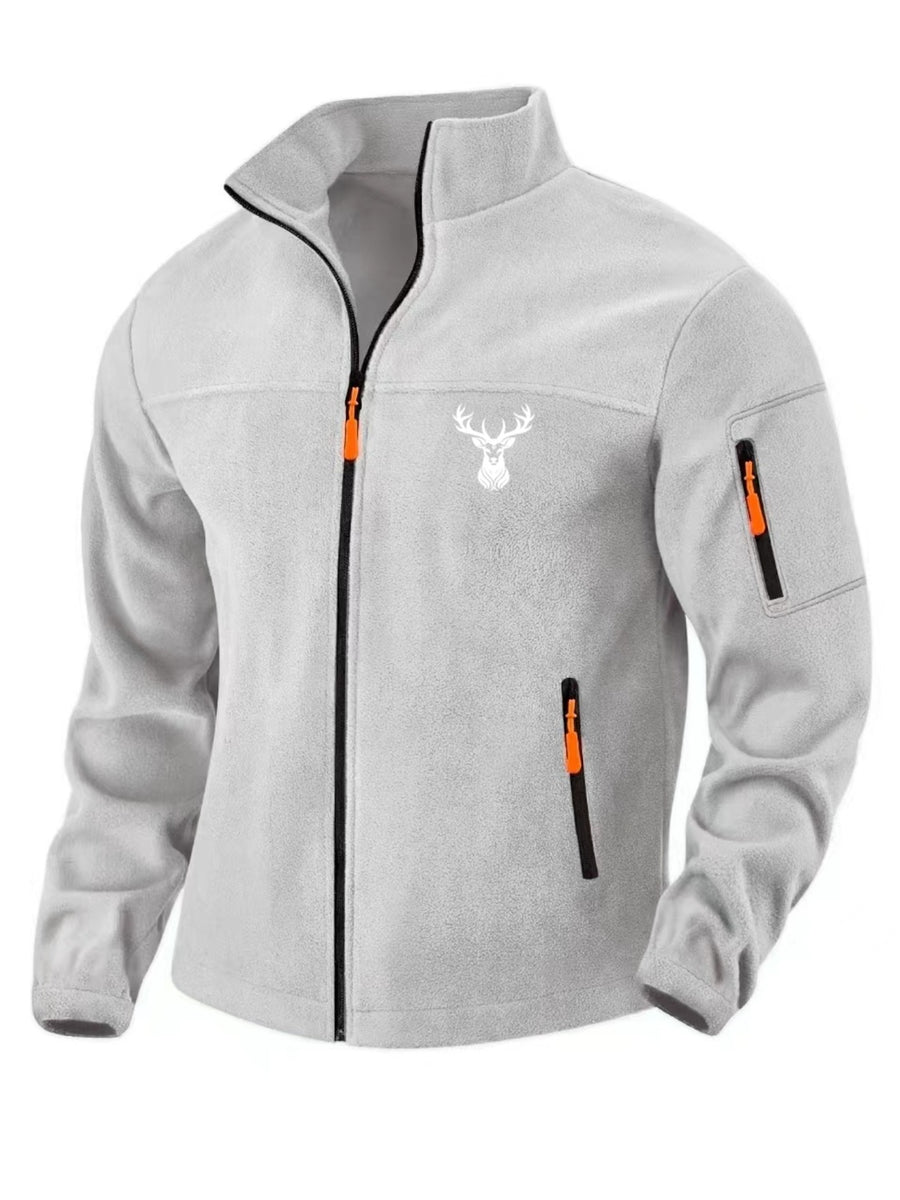Men'S Autumn Winter Trendy Outdoor Fleece Jacket, Easy Deer Head Print Design, Multi-Zipper Storage Pockets, Suitable for Middle-Aged And Young Adults, Mountaineering Fishing Daily Commuting All-Match Cargo Jacket Top - Light Gray 1