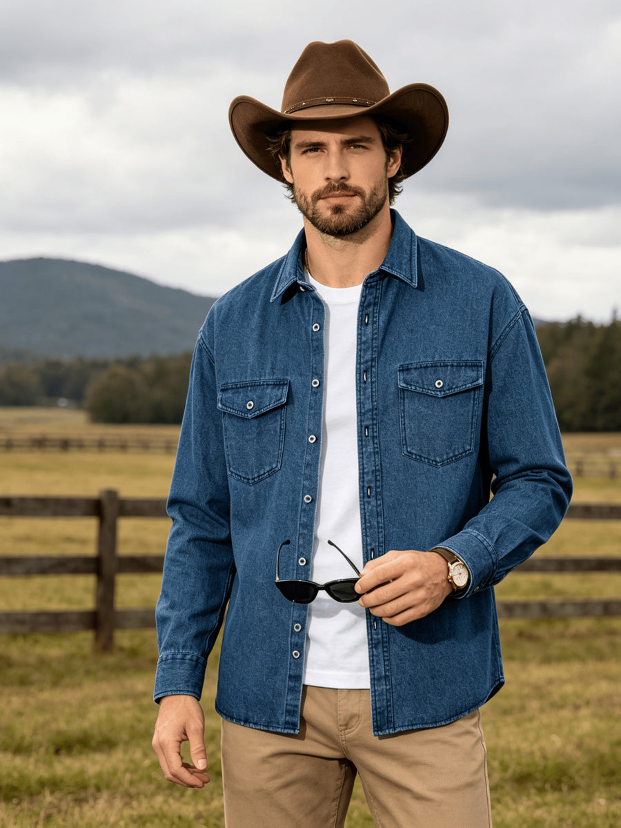 Men'S 100% Denim Long Sleeve Shirt, Vintage Lapel Double Chest Pockets Workwear Button, Durable, Breathable And Wrinkle-Resistant, Loose Fit for Daily Commute, Outdoor And Casual Wear, Suitable for Spring, Autumn And Winter Layering - Dark Blue