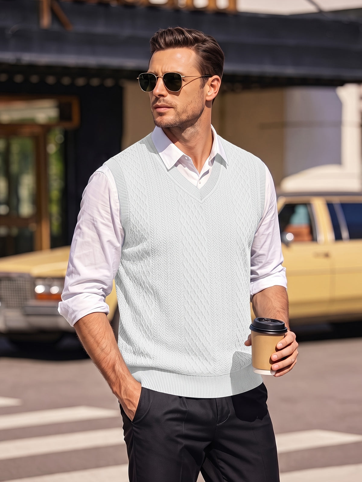Xingfan OBM Men's Autumn/Winter Light Luxury New Ribbed V-Neck Cable Knit Vest, Rhombus Jacquard Sleeveless Sweater Cardigan, Business Gentleman's Layering Knit Top. Soft and Warm Knitted Fabric, Vintage Three-dimensional Cable Knit Rhombus Texture - White
