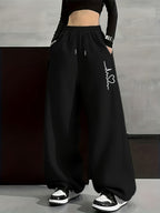 Caution ECG Print, Autumn And Winter Fashion Casual Women'S Fleece Pants, Solid Color Drawstring Sweatpants, Casual Loose Sweatpants, Women'S Fashion - Black
