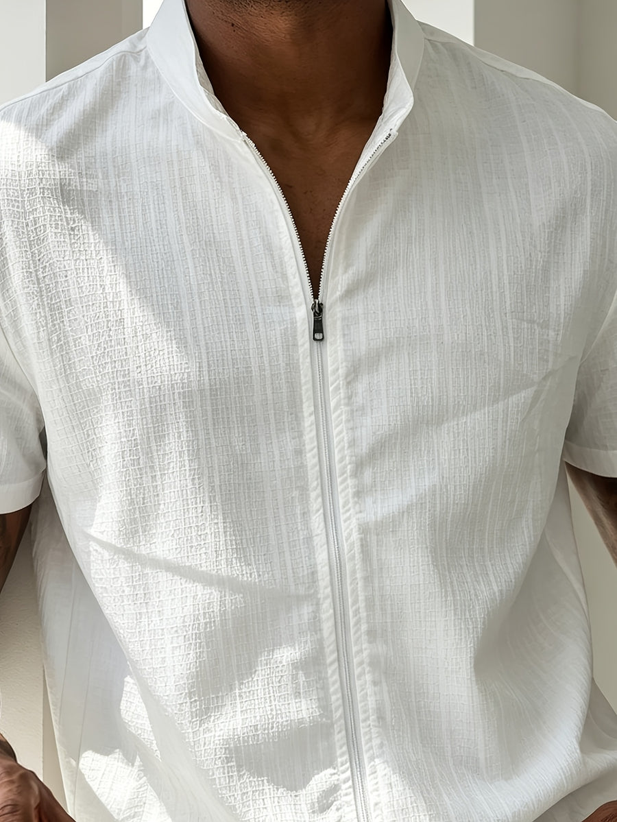 Men's Lightweight Breathable Zip-Up Stand Collar Shirt - Short-Sleeve Button-Up Beach Shirt with Zipper Front, Solid Color Suitable for Pool Parties, Casual Wear & Father's Day Gifts, Machine Washable Stand Collar Button Collar Blouse Style - White