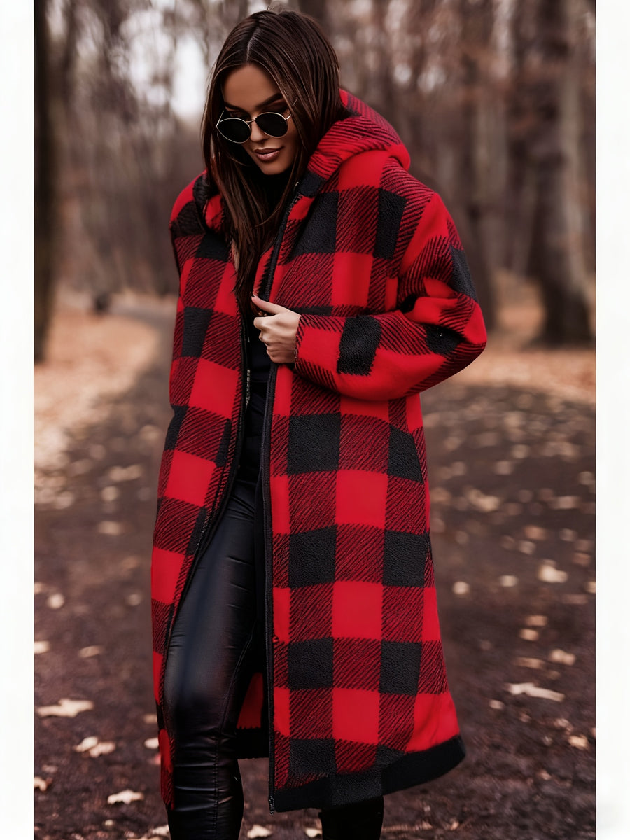 Winter Women's Hooded Cardigan, Two-Tone Plaid, Mid-Length, Thickened Warm Pea Coat - Red