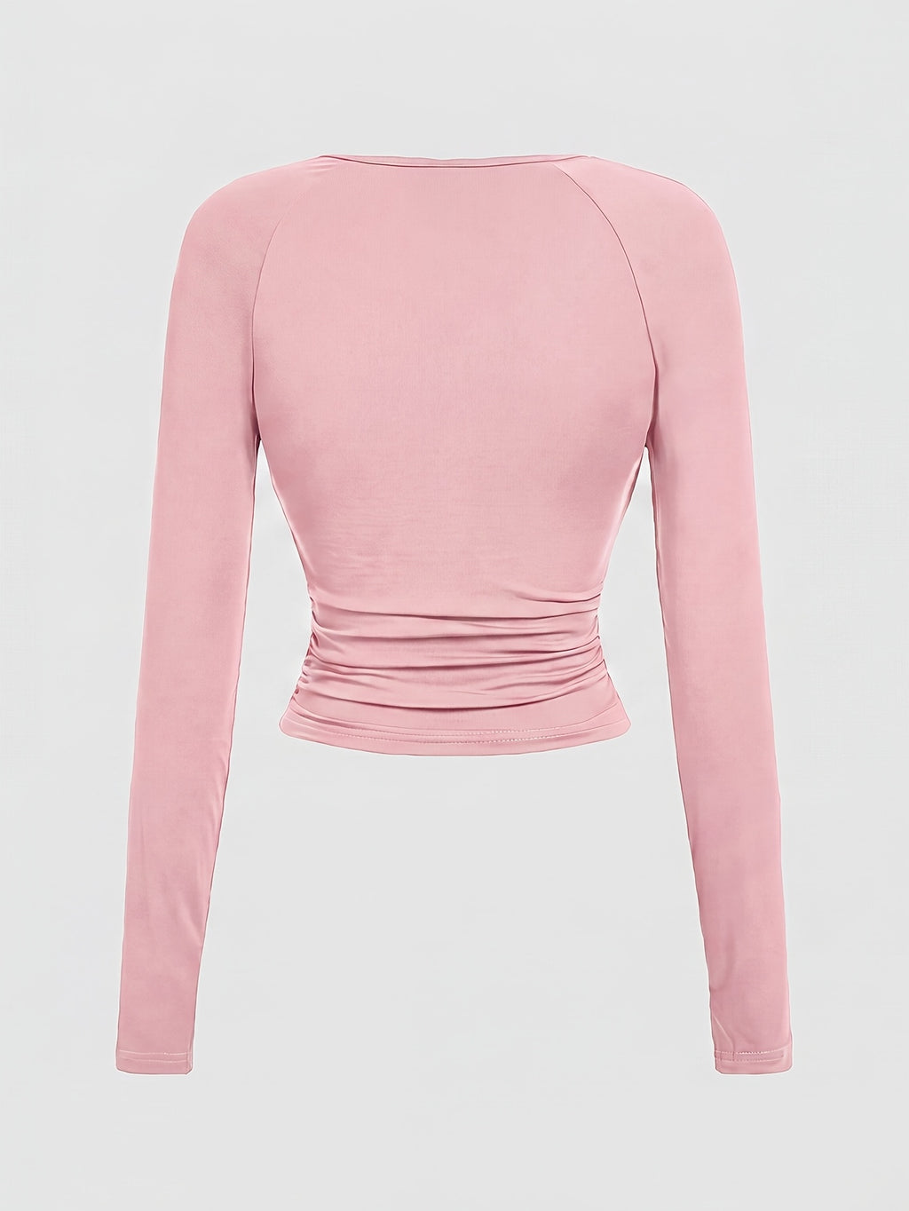 Ruffle Round Neck Slim Fit Long Sleeve T-Shirt, Burgundy, Halloween, Party, Outing, Western, Rural, Ruffled Top, Pleated Top, Long Sleeve Top, Red Top - Pink