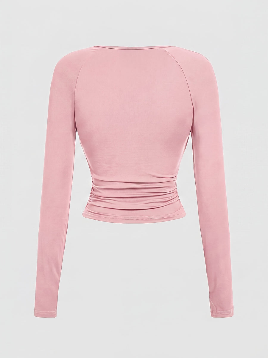 Ruffle Round Neck Slim Fit Long Sleeve T-Shirt, Burgundy, Halloween, Party, Outing, Western, Rural, Ruffled Top, Pleated Top, Long Sleeve Top, Red Top - Pink