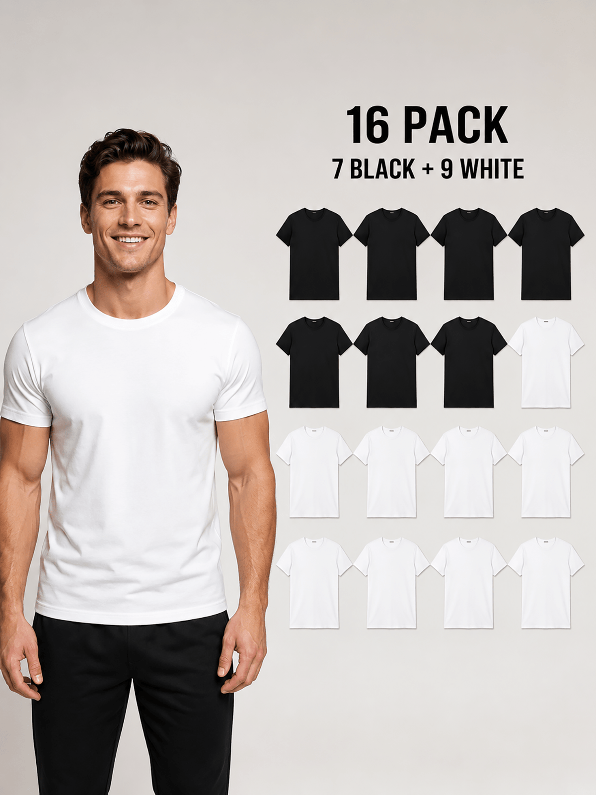 16pcs Men'S 100% Round-Neck Solid Color Short-Sleeve T-Shirts, Black And White, Soft And Breathable Basic Undershirts, Suitable for Daily Casual Wear, Sports, And Outdoor Wear - 7 Black 9 White 16 Pack