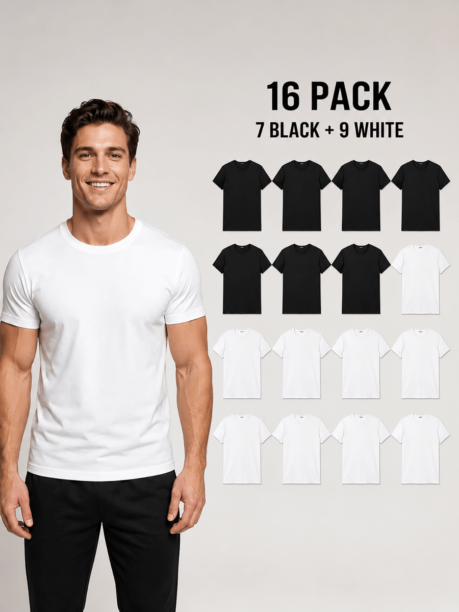 16pcs Men'S 100% Round-Neck Solid Color Short-Sleeve T-Shirts, Black And White, Soft And Breathable Basic Undershirts, Suitable for Daily Casual Wear, Sports, And Outdoor Wear - 7 Black 9 White 16 Pack