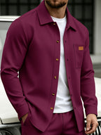 Men Fall Winter Waffle Knit Shacket, Long Sleeve Button Up Collared Shirt Jacket with Pocket, Casual Overshirt Outer Coat, Solid, Comfortable, Loose Fit - Burgundy