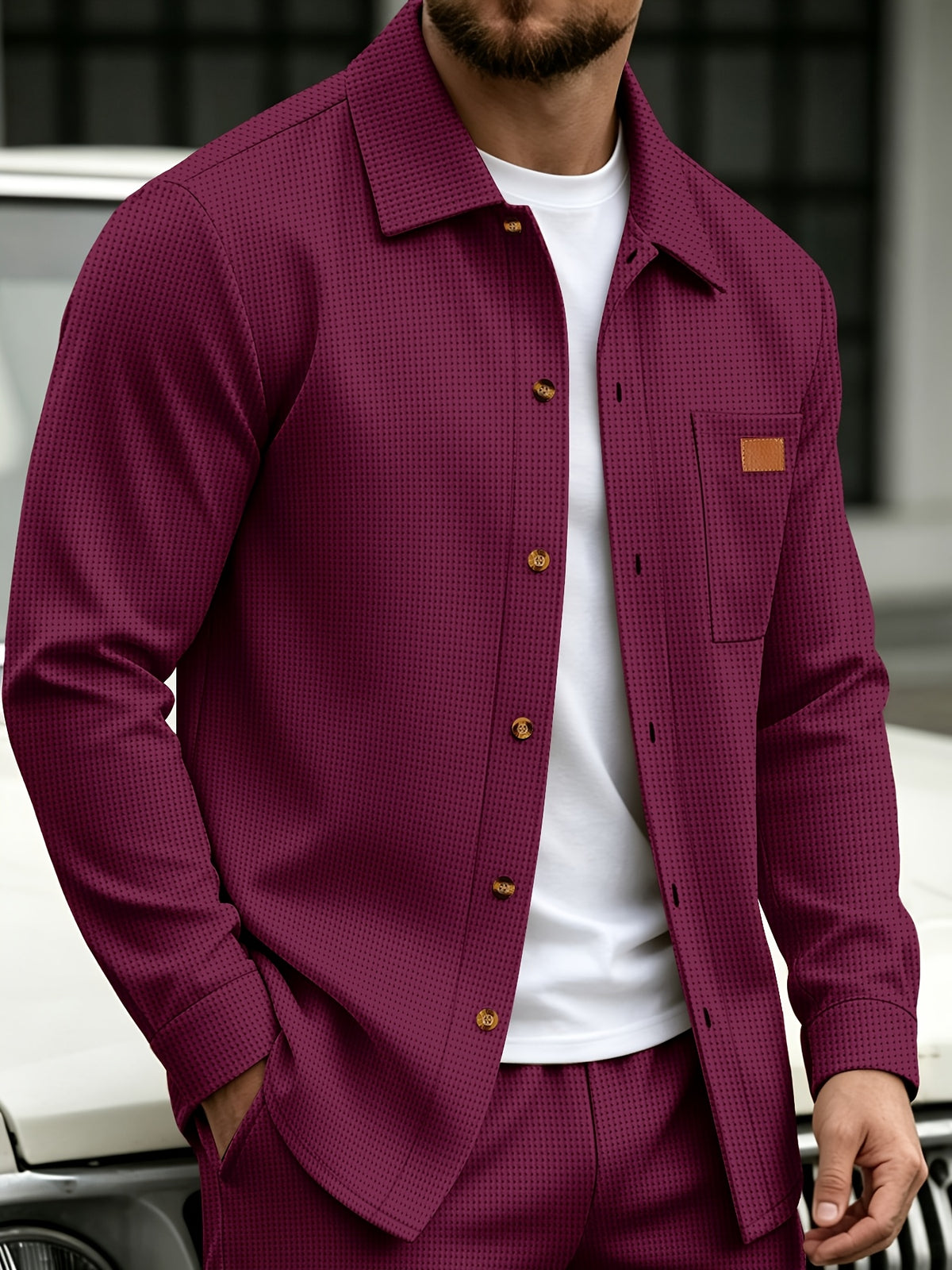 Men Fall Winter Waffle Knit Shacket, Long Sleeve Button Up Collared Shirt Jacket with Pocket, Casual Overshirt Outer Coat, Solid, Comfortable, Loose Fit - Burgundy