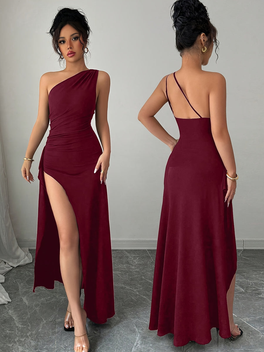 Elegant Fashion New Solid Color Off-Shoulder Sleeveless Waist-Cinching Sexy Slit Hip-Revealing Backless Evening Party Long Dress ZLLZ - Burgundy