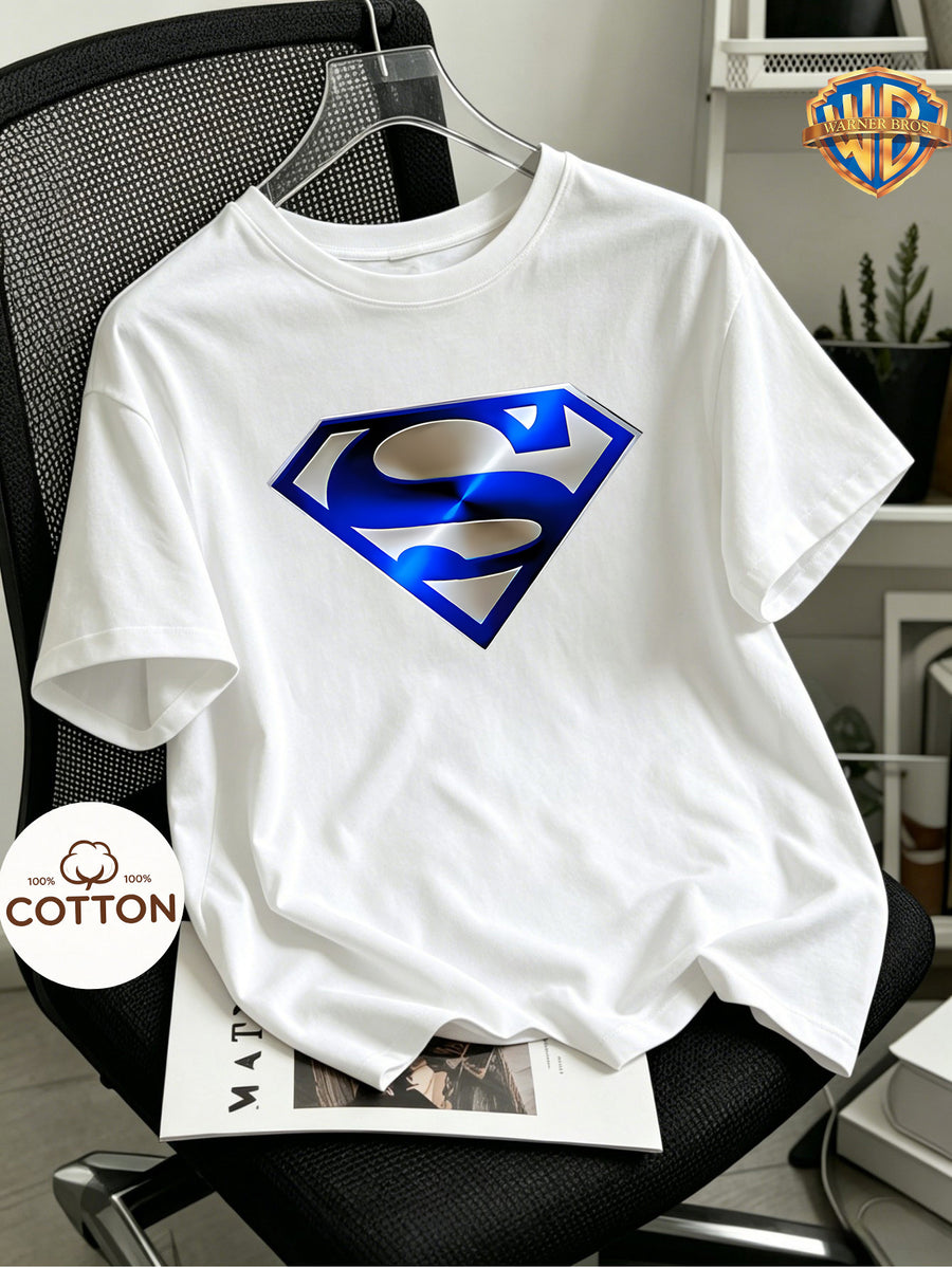 [Warner Authorized] 100% Cotton, Superman Blue Silvery Metal Spring/summer/autumn/winter Men's and Women's Short Sleeved T-shirt, Round Neck Comfortable Top, Soft and Comfortable Fabric, Perfect for Home, Sports, Outdoor, Casual and Daily Wear - White