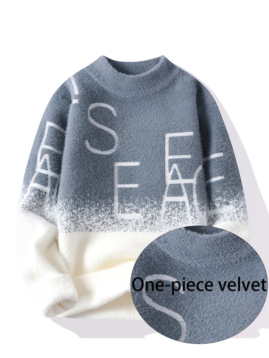 Autumn and Winter New Retro Lazy Style Youth Men's Round Neck Knitted Sweater Letter Jacquard Sweater Fashionable Top - Grey