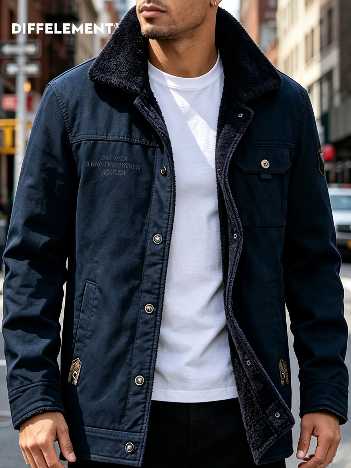 DIFFELEMENT Retro Workwear Style Fleece Thickened Men'S Lapel Work Jacket Lamb Fleece Fleece Lining Single Button Front Closure Cold-Proof Coat Chest Flap Patch Pocket Side Patch Pocket Warm And Cold-Resistant Wearable in Cold Weather Daily And Outd - Sea Blue