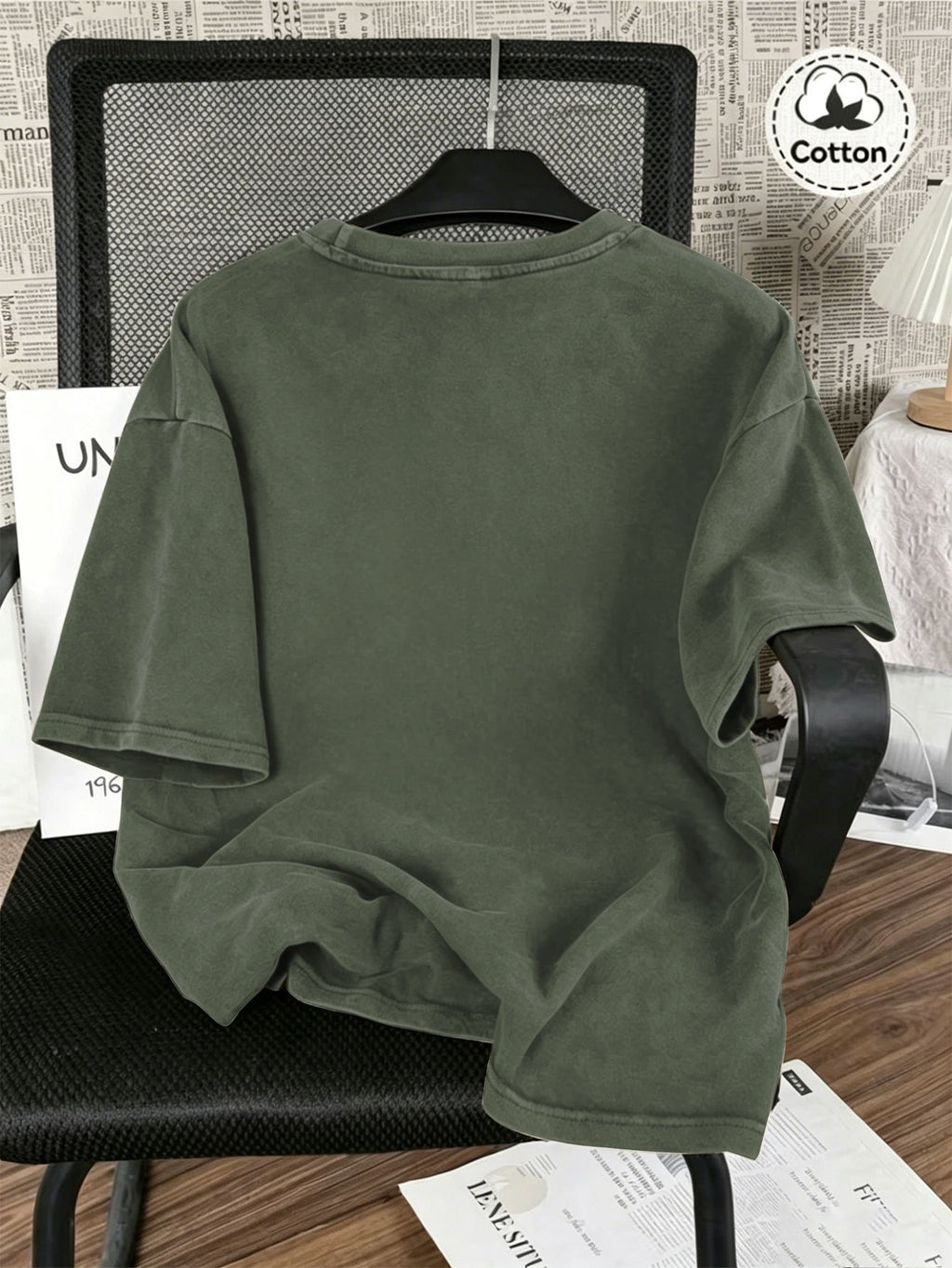 Vintage Washed Distressed Print Men'S Short-Sleeve Top, Soft Pure Loose T-Shirt, Breathable Casual Clothing for Outdoor Trip Summer And Early Autumn - Military Green