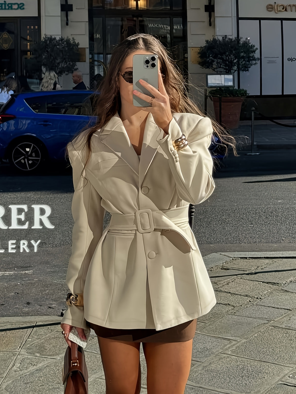 Fashionable Elegant Women'S Early Autumn Solid Color Blazer with Lapel, Long Sleeve, Waist Belted Top, Single Button Front, Faux Pocket Casual Suit Jacket, Suitable for Commuting, Vacation, Business, And Casual Wear - Apricot