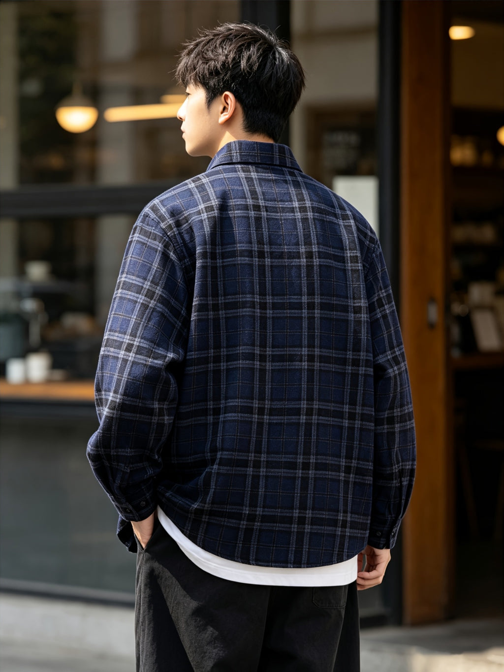 Men'S Spring Fall Layering Plaid Shirt, Poly Navy Loose Collared Commute Casual Long Sleeve Top - Purplish Blue