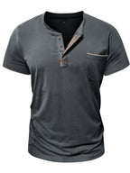 Fashion Men's Summer Short-sleeve T-shirt, Casual Round-neck Henley Shirt with Pocket - Dark Gray