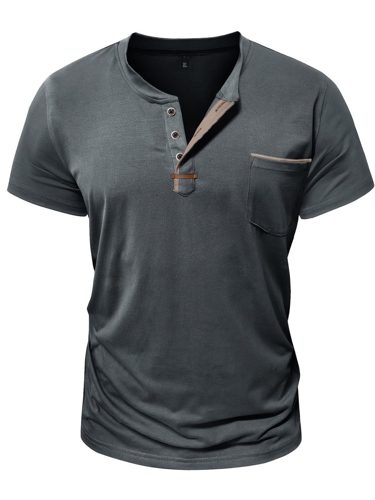 Fashion Men's Summer Short-sleeve T-shirt, Casual Round-neck Henley Shirt with Pocket - Dark Gray