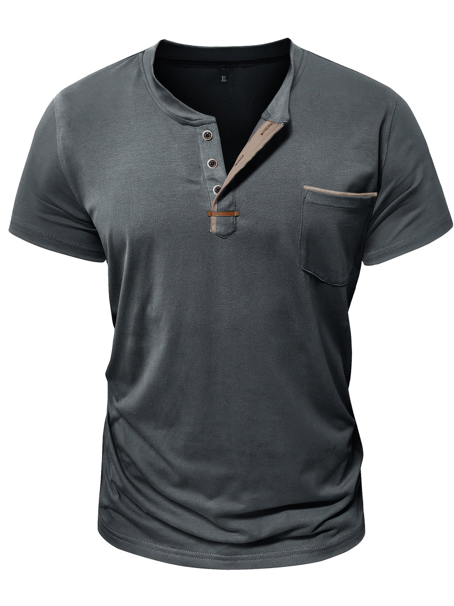 Fashion Men's Summer Short-sleeve T-shirt, Casual Round-neck Henley Shirt with Pocket - Dark Gray