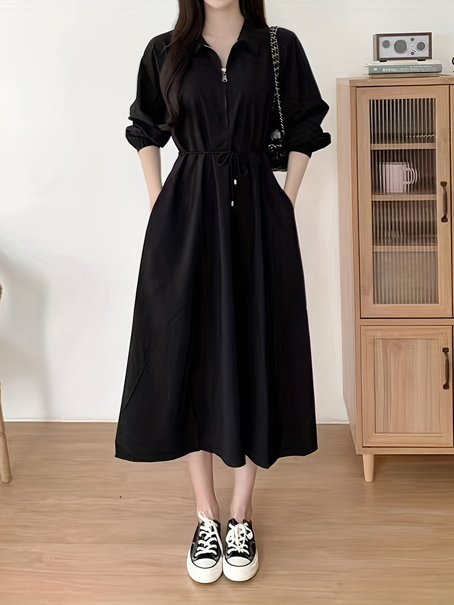 Lapel Tie Dress - Black