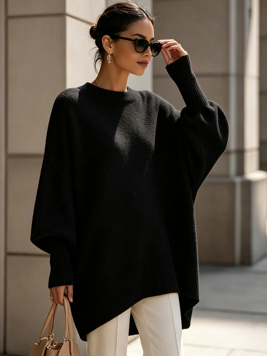 French-style Relaxed Silhouette Top, Irregular Slanted Hem Loose Lantern Sleeve Sweater, Gentle and Elegant Loose Fit That Is, Urban Casual Style - Black