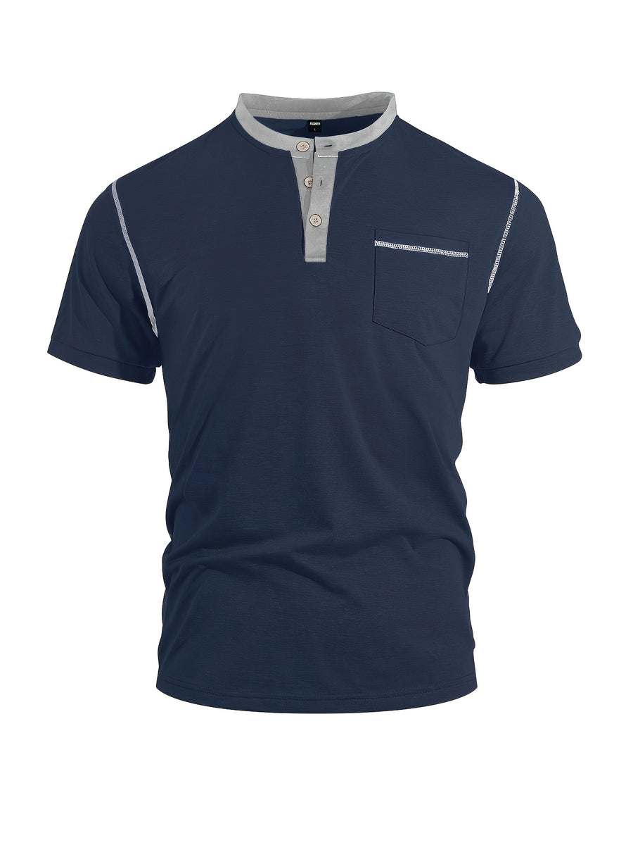 Men'S Spring Summer New Light Luxury Color-Block Henley Collar Short Sleeve T-Shirt, Half-Button 3-Button American Retro Top, High-Stretch Soft And Skin-Friendly Fabric, Breathable And Comfortable - Navy Color