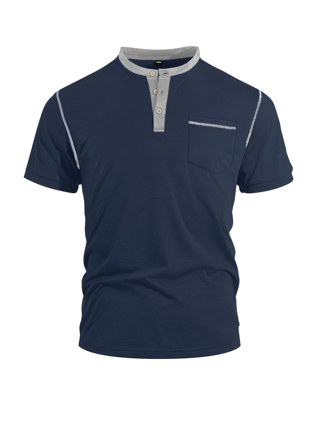 Men'S Spring Summer New Light Luxury Color-Block Henley Collar Short Sleeve T-Shirt, Half-Button 3-Button American Retro Top, High-Stretch Soft And Skin-Friendly Fabric, Breathable And Comfortable - Navy Color