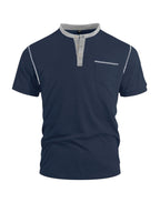 Men'S Spring Summer New Light Luxury Color-Block Henley Collar Short Sleeve T-Shirt, Half-Button 3-Button American Retro Top, High-Stretch Soft And Skin-Friendly Fabric, Breathable And Comfortable - Navy Color