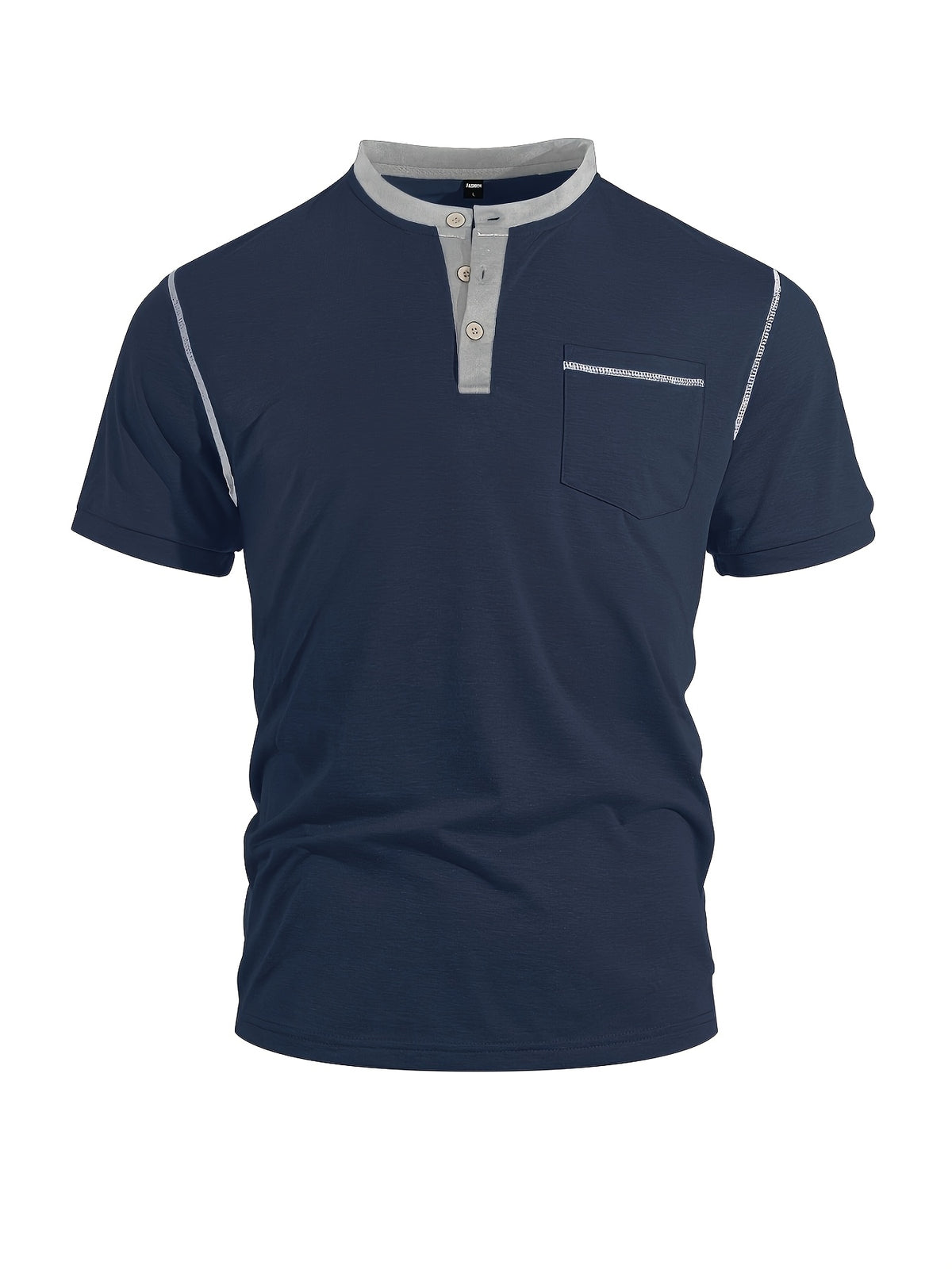 Men'S Spring Summer New Light Luxury Color-Block Henley Collar Short Sleeve T-Shirt, Half-Button 3-Button American Retro Top, High-Stretch Soft And Skin-Friendly Fabric, Breathable And Comfortable - Navy Color