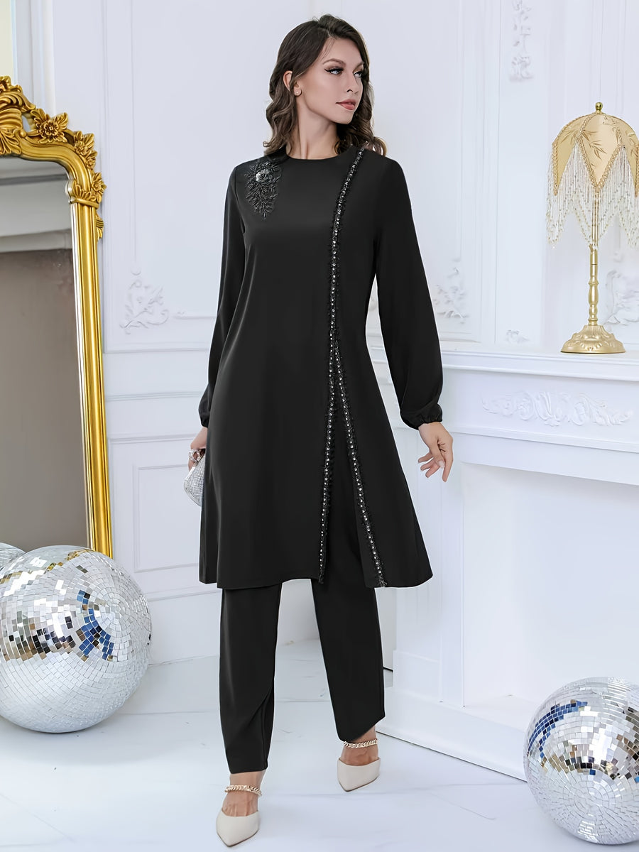 Women'S Sequined Flower Bead Embroidery Rhinestone Decorated Round Neck Long Sleeve Top with Drawstring Adjustable Pants, Elegant Business Fashion Design, Suitable for Festival Party Two-Piece Set - Black