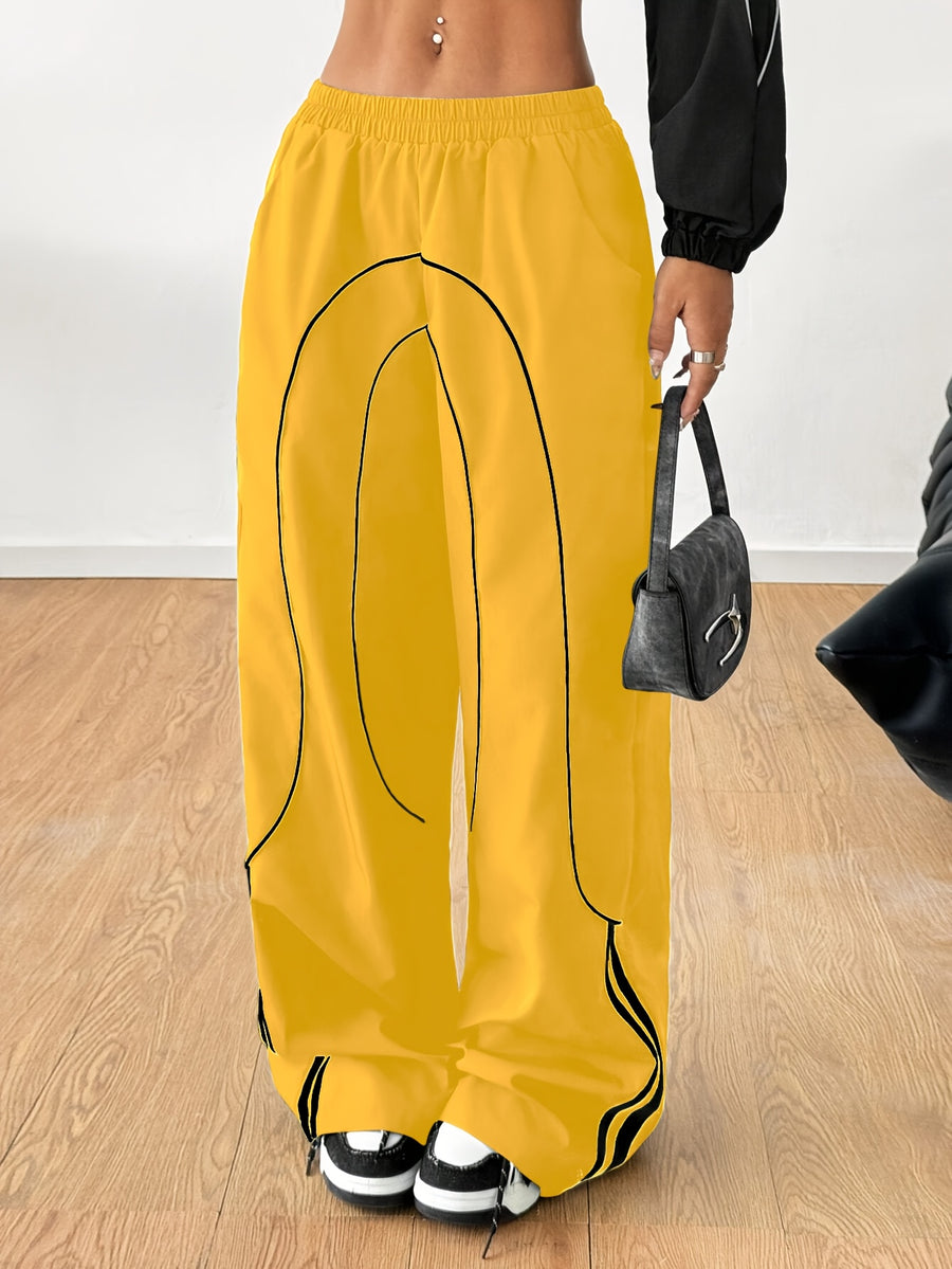 Women's Fashion Y2K Streetwear Wide-Leg Pants with Side Tie Design, Hip-Hop Joggers, Elastic Waist Wide-Leg Pants, Casual Swear, Harem Pants - Yellow