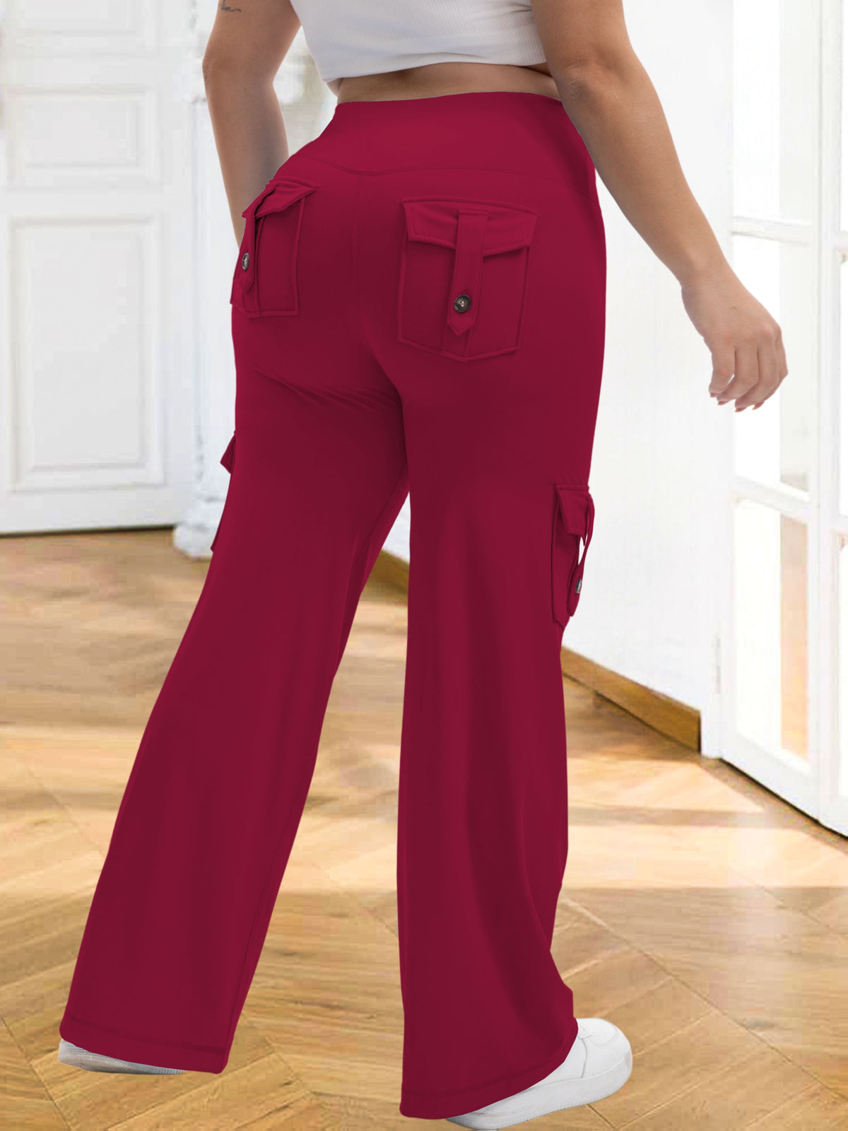 1pc Of Large-Size Women's Sports Wide-Leg Pants, Casual Home Wide-Leg Pants with 4 Strap Pockets, High Waist And Tummy Control, Moisture Wicking, Suitable for Outdoor Sports Fitness, Running Exercise, Daily Wear Women's Large-Size Trousers - Burgundy