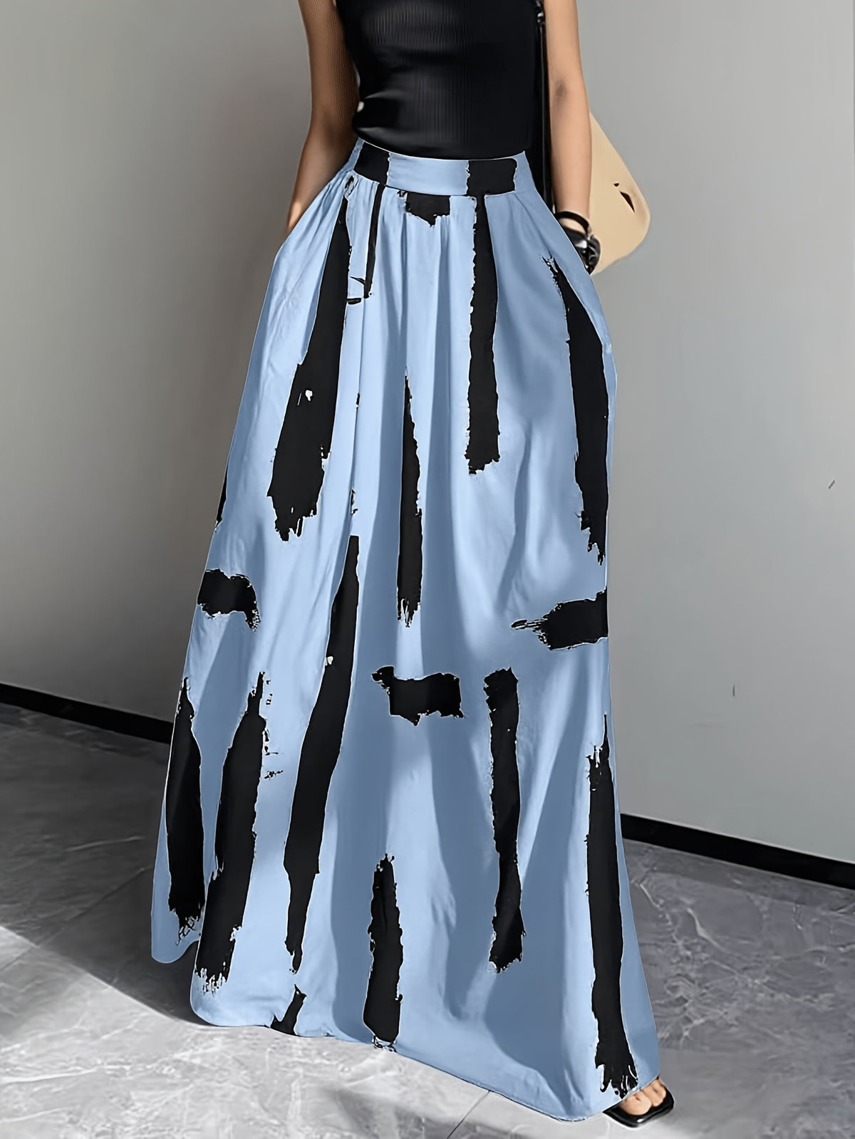 Women's Casual Loose-fit Skirt with a Unique Design, Versatile and Featuring Distinctive Ink Wash Prints for a High-end, Look - Blue