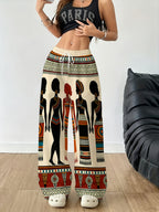 Women's Fashion Casual Wide-Leg Pants with African Tribal Figure Silhouette Print, Drawstring Elastic Waist, Long Outdoor S Trousers for Spring/Autumn - Mixed colors