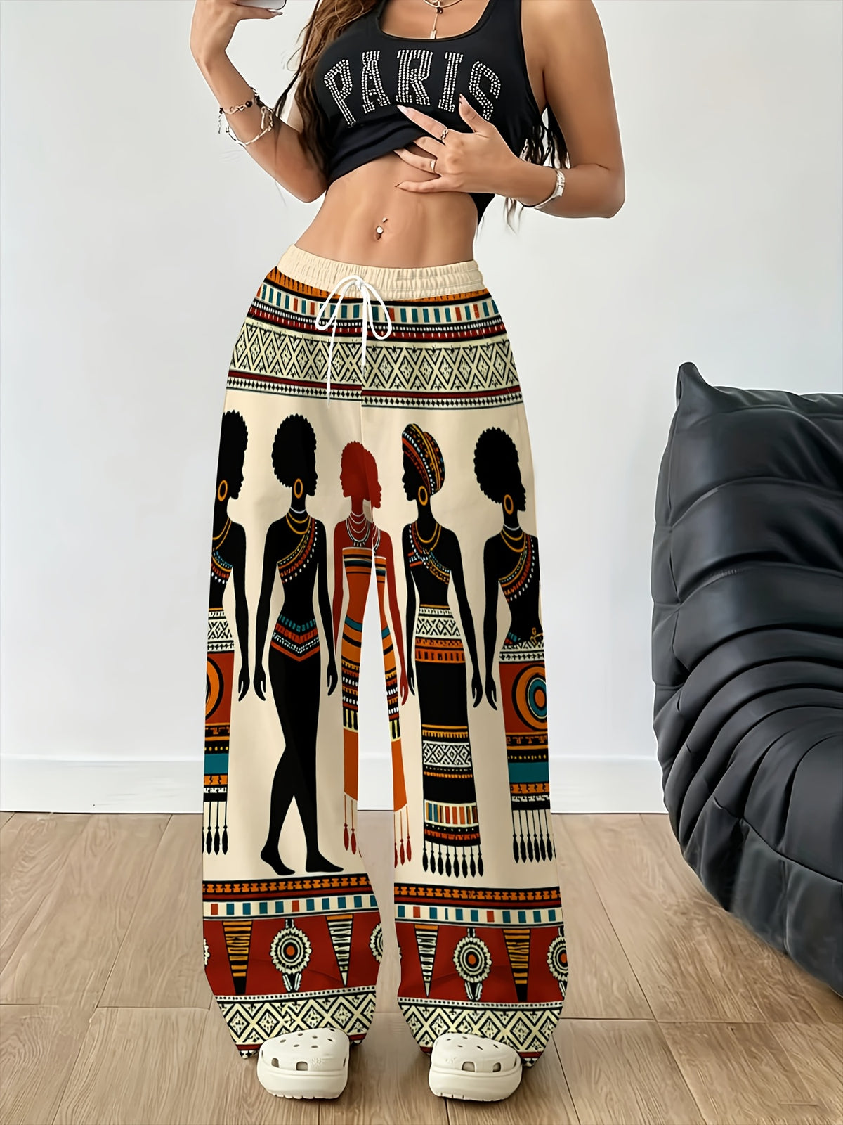 Women's Fashion Casual Wide-Leg Pants with African Tribal Figure Silhouette Print, Drawstring Elastic Waist, Long Outdoor S Trousers for Spring/Autumn - Mixed colors