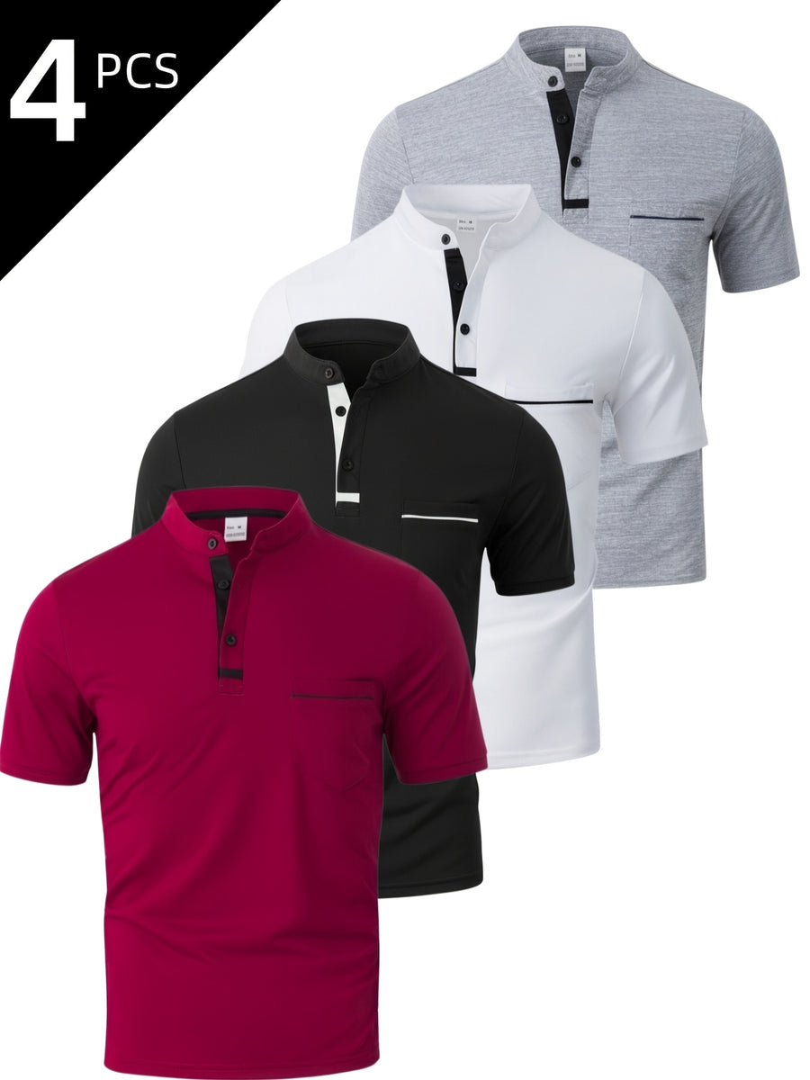 [Josh May OBM] 4pcs Set, Solid Color Stand-Up Collar Henley Shirts, Breathable Quick-Dry Casual Shirts, Lightweight Stretch, No Ironing Required, Durable And Wearable, Button-Up Design, Suitable for Summer Office, Yacht Wear, Casual Attire - Black+White+Gray+Wine Red