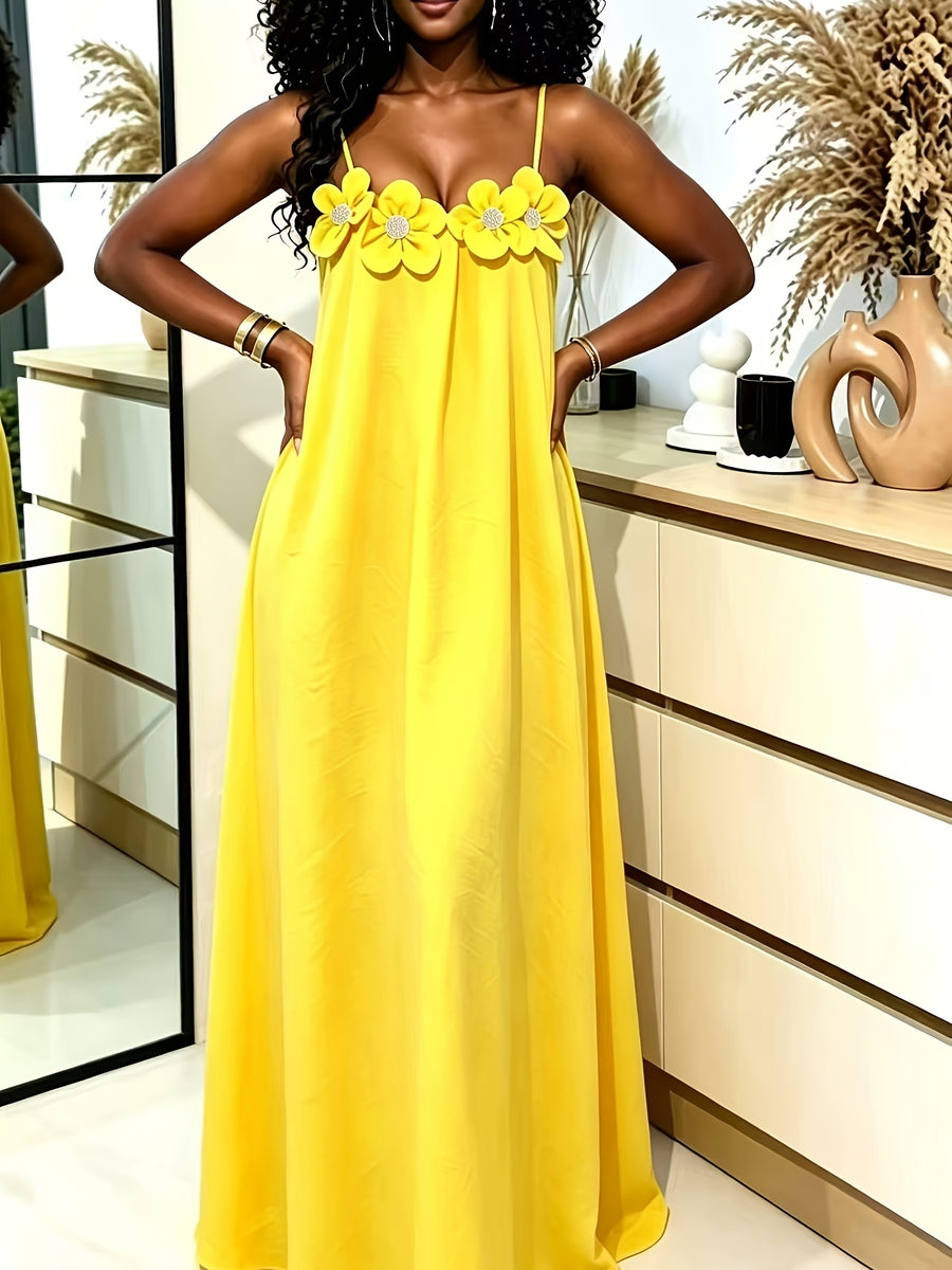 New Outing Party French Heavy Embroidery 3D Floral Sleeveless Cami Dress Loose Long Backless Vacation Light Dress - Yellow